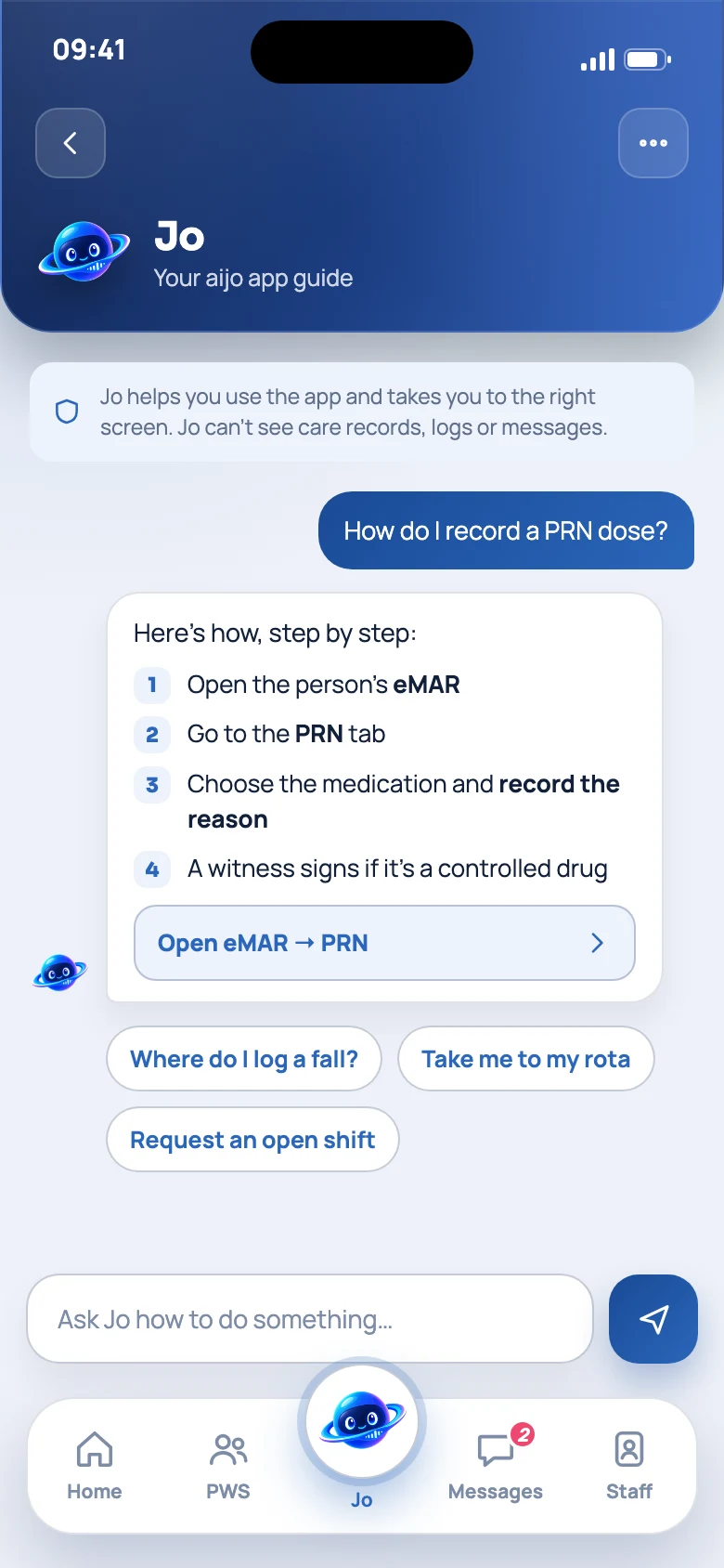 Jo answering how to record a PRN dose in the aijo Care app, with the steps and a button that opens eMAR at the PRN tab.
