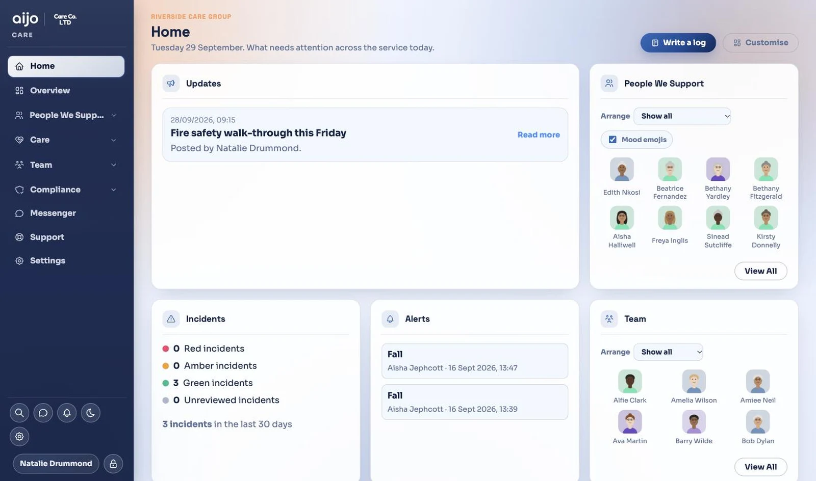 aijo Care Home screen: a dashboard with service updates, the people supported, incidents, alerts and the team on shift.